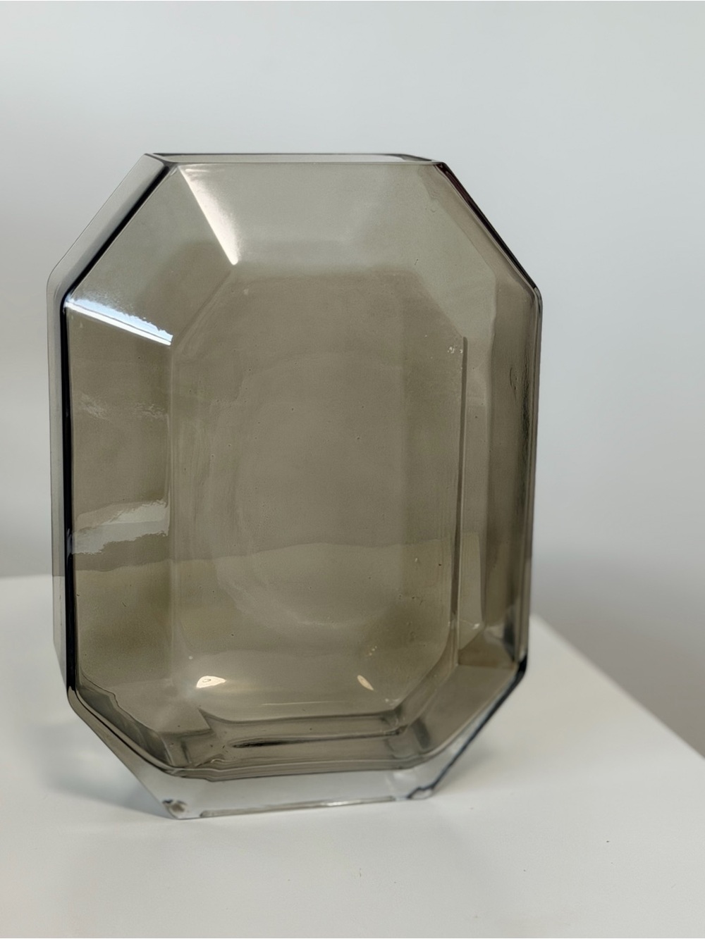 Vintage large Smoked Glass Octagonal Decorative Vase - Gray